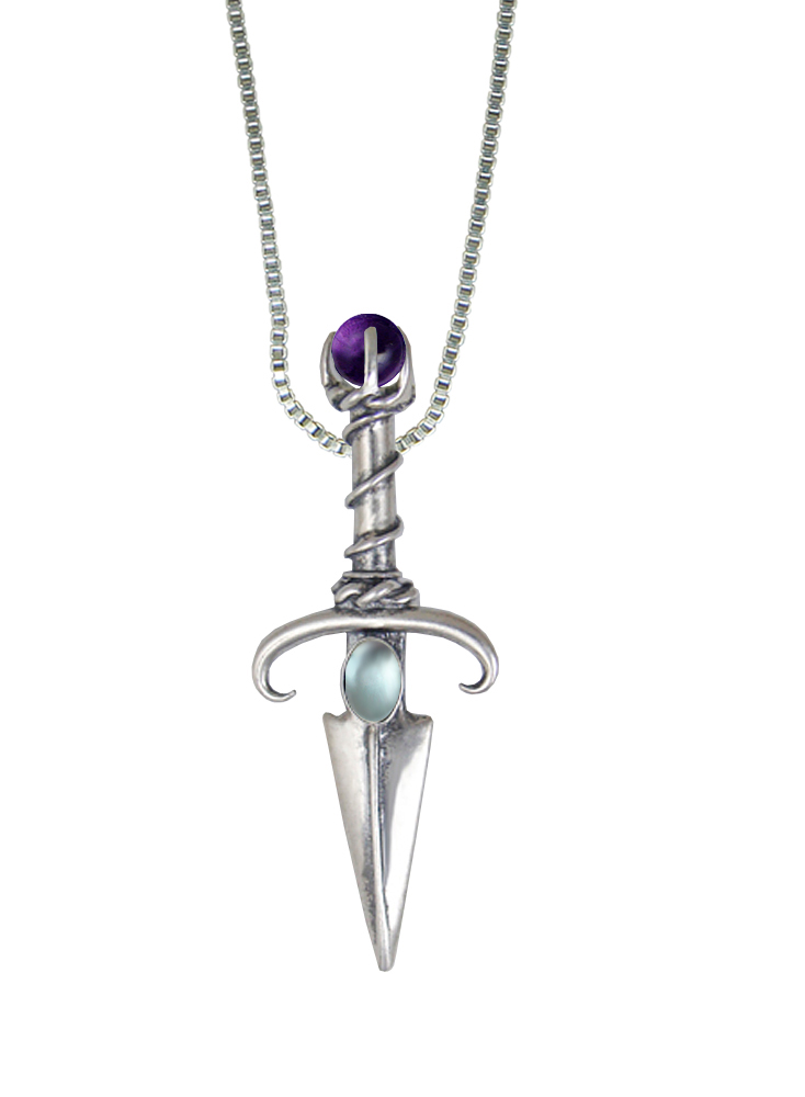 Sterling Silver Black Prince's Knife Dagger Pendant With Blue Topaz And Amethyst